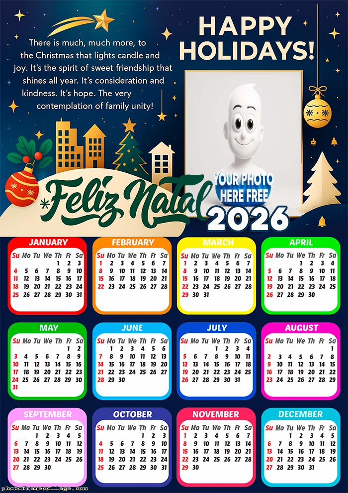 Calendar 2026 Merry Cristmas Happy Holidays Mensage
