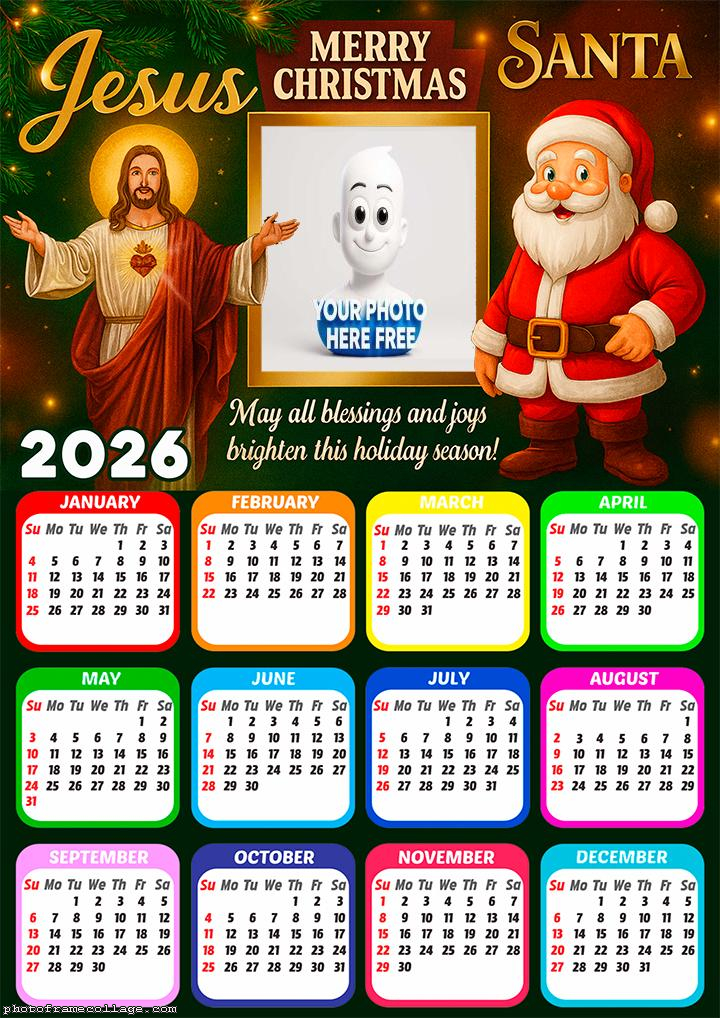 Calendar 2026 Jesus and Santa Claus Christmas