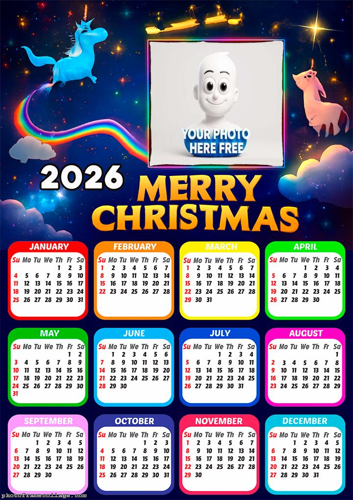 Calendar 2026 Unicorn Merry Christmas