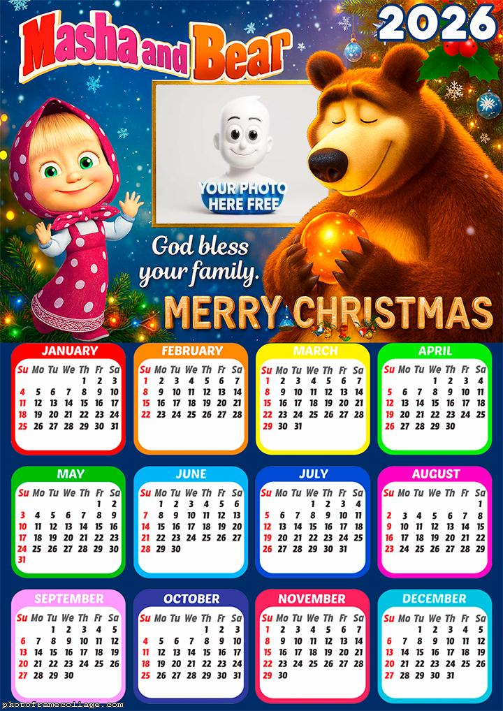 Calendar 2026 Masha and Bear  Merry Christmas