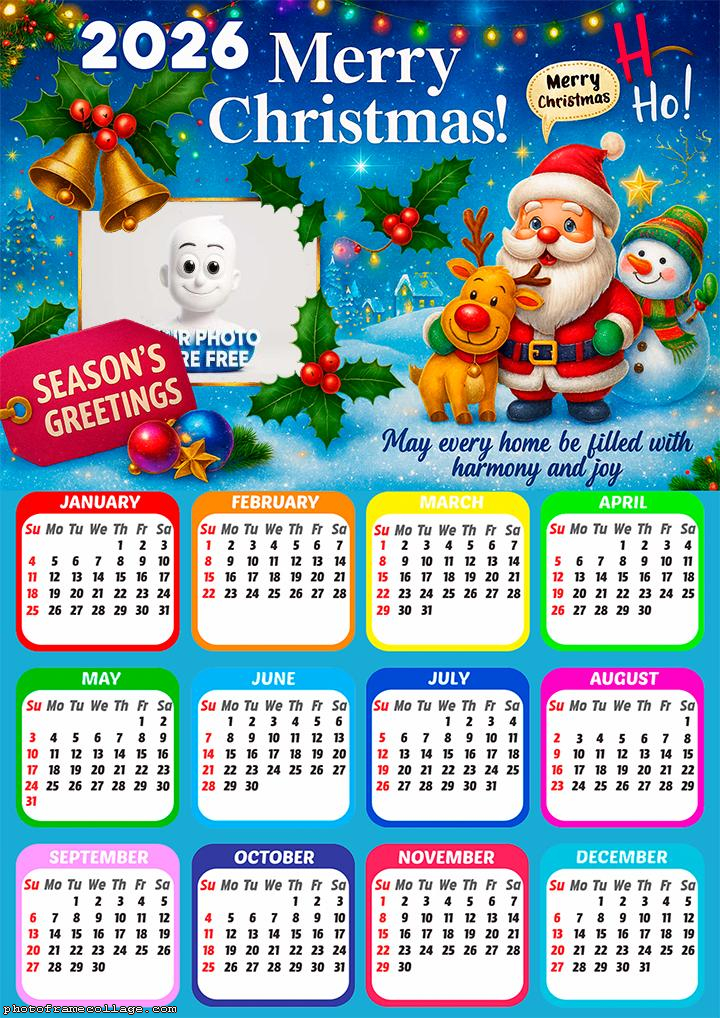 Calendar 2026 Merry Christmas harmony and joy