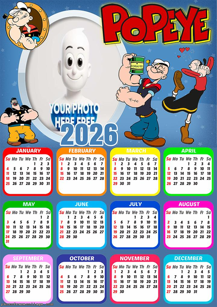 Calendar 2026 Popeye Photo Collage Templates