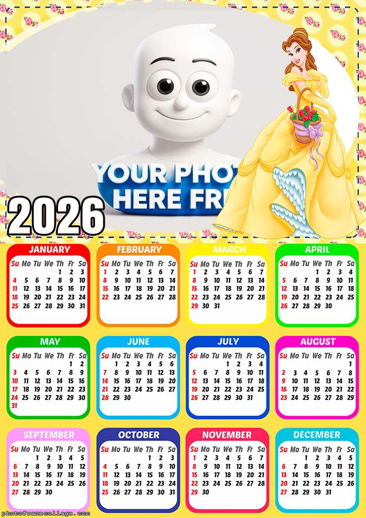 Calendar 2026 Princess Belle Picture Collage