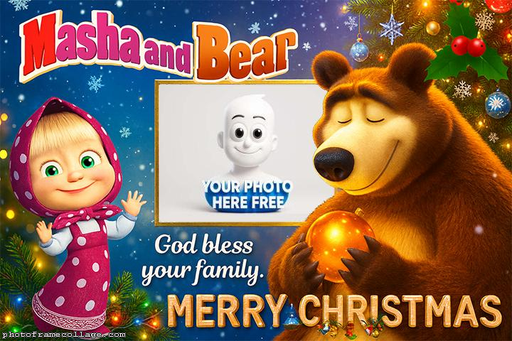 Merry Christmas Masha and Bear printable photo collage