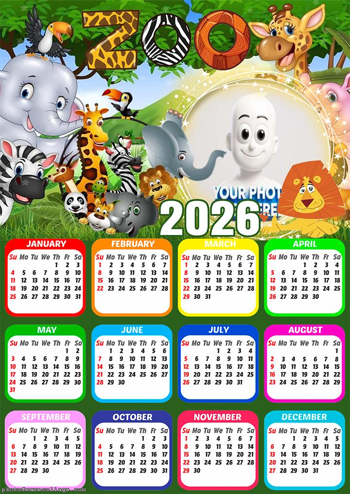 Calendar 2026 Kids Zoo Digital Photo Collage
