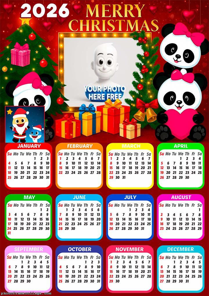 Calendar 2026 Merry Christmas Pink Panda