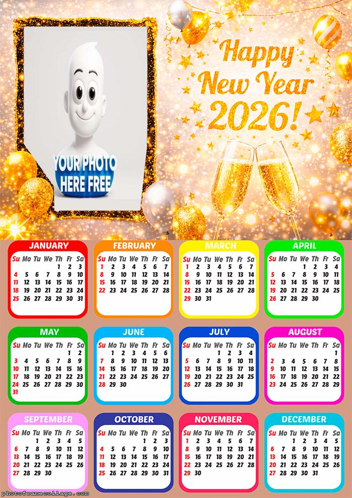 Calendar 2026 Happy New Year 2026 frame with gold glitter