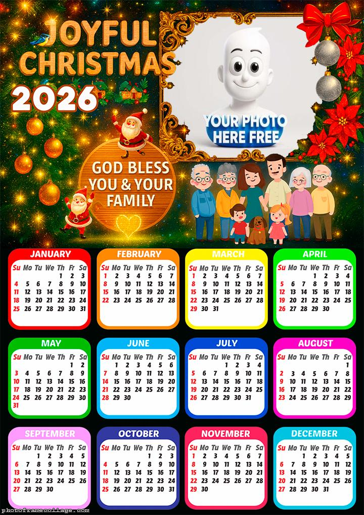 Calendar 2026 Joyful Christmas god bless you