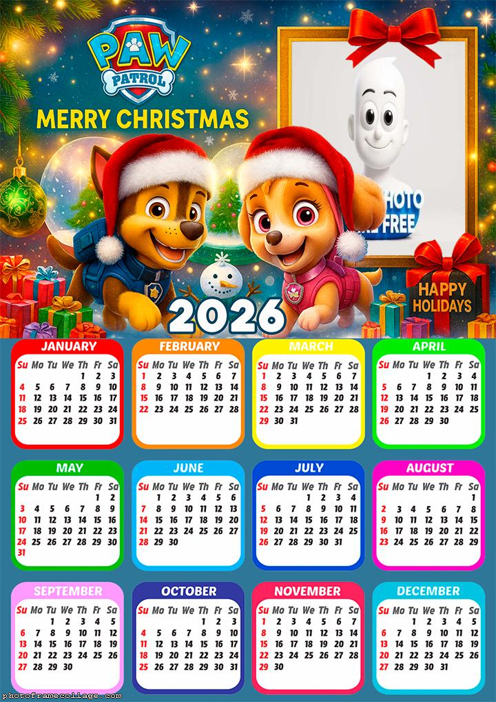 Calendar 2026 Christmas Paw Patrol Merry