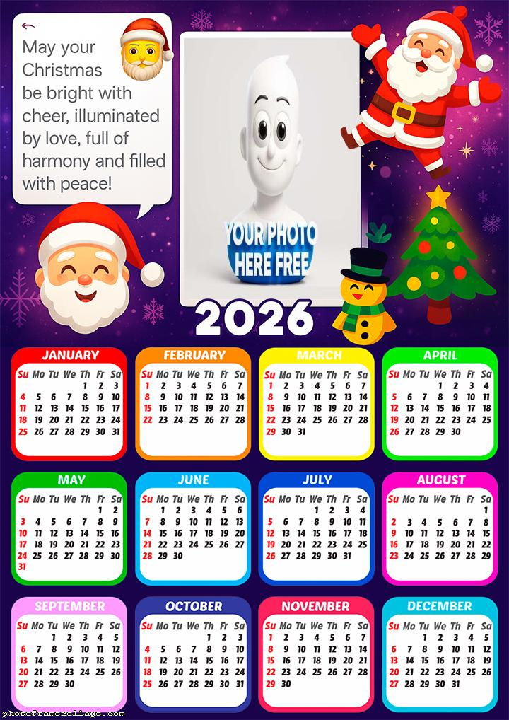 Calendar 2026 Santa Claus illuminated by love