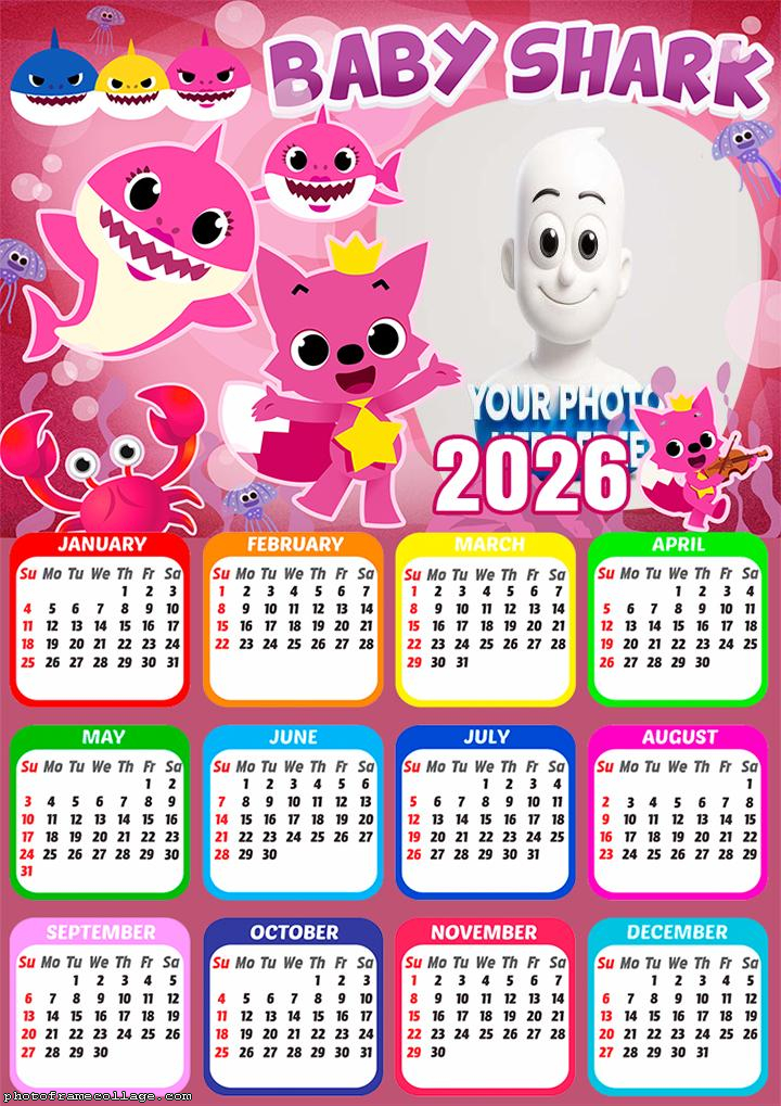 Calendar 2026 Baby Shark Girl Pink