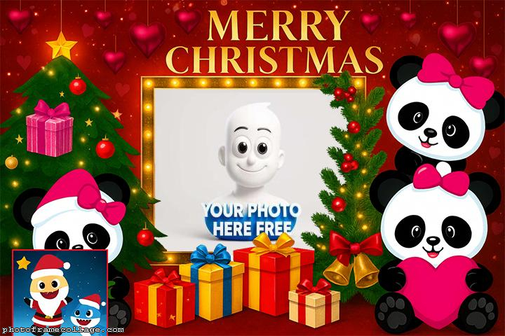 Pink Panda Merry Christmas kids photo collage