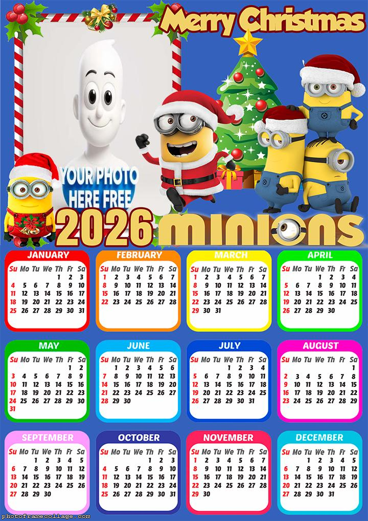 Calendar 2026 Merry Christmas Minions Photo Montage