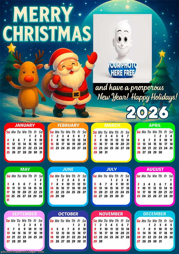 Calendar 2026 Holidays Santa Claus New Year Happy