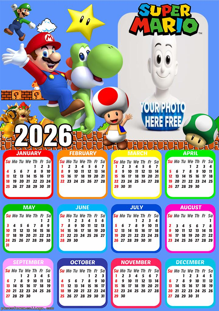 Calendar 2026 Super Mario Free Picture Frames