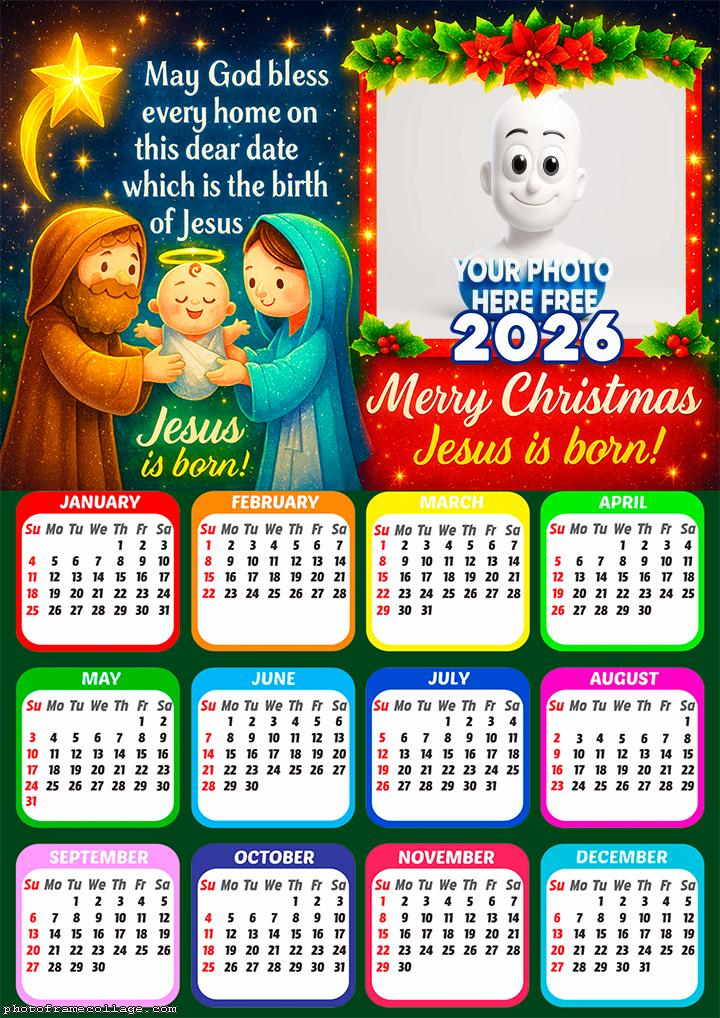 Calendar 2026 Merry Christmas Jesus is Born