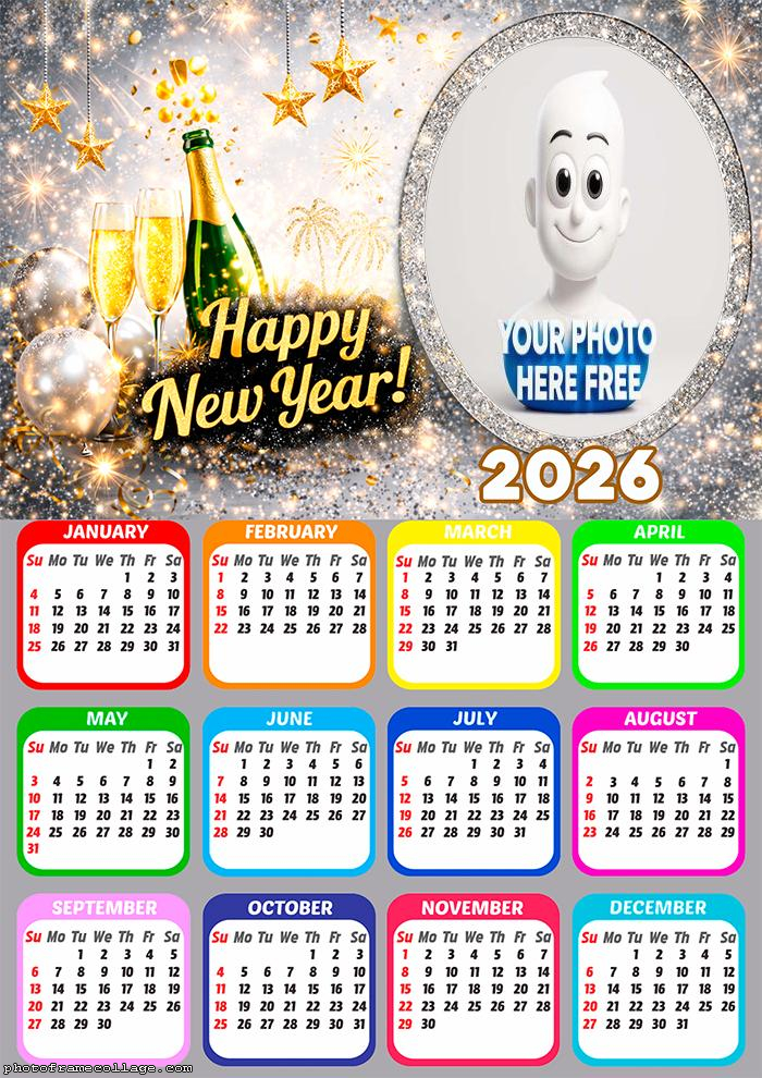 Calendar 2026 New Year holiday frame collage