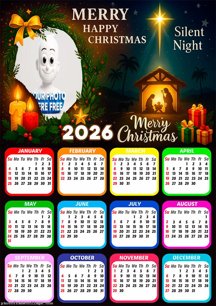 Calendar 2026 Silent Nigth Merry Happy Christmas