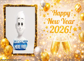 Happy New Year 2026 photo frame with gold glitter